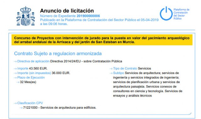 El jurado nombrado por Fomento selecciona la propuesta de remodelación del Yacimiento Arqueológico del Arrabal de San Esteban en Murcia