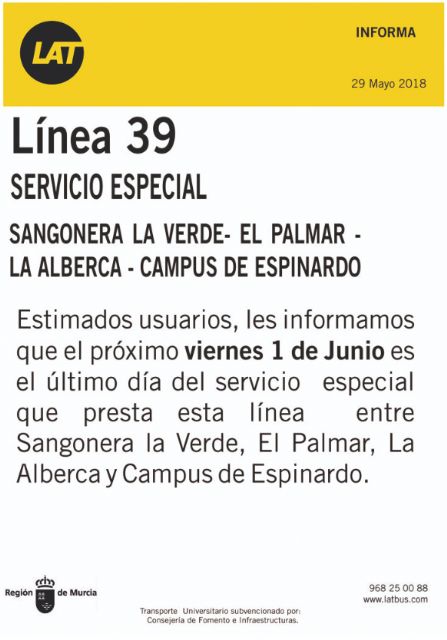 Cambiemos Murcia critica la eliminación del servicio especial de la línea 39 de bus