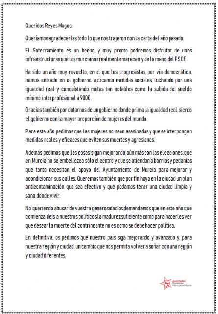Juventudes Socialistas del Municipio de Murcia pide en su carta a los Reyes Magos un cambio para el municipio y la región