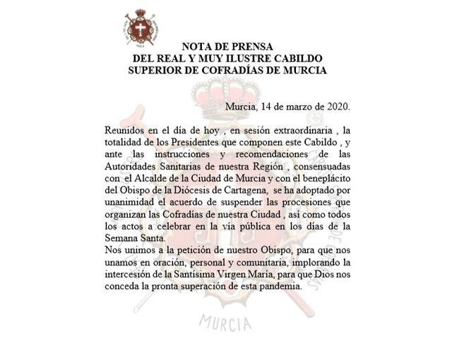 Murcia suspende las procesiones de Semana Santa