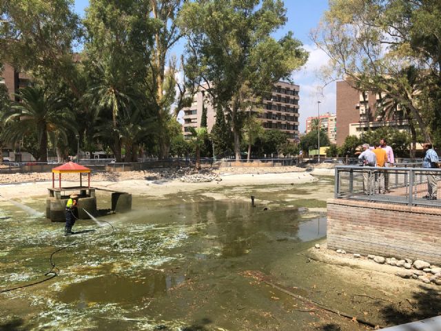 El Ayuntamiento realiza una limpieza exhaustiva de los principales lagos de Murcia.
