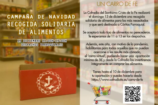 La Cofradía del Santísimo Cristo de la Fe realizará una recogida solidaria de alimentos para los más necesitado