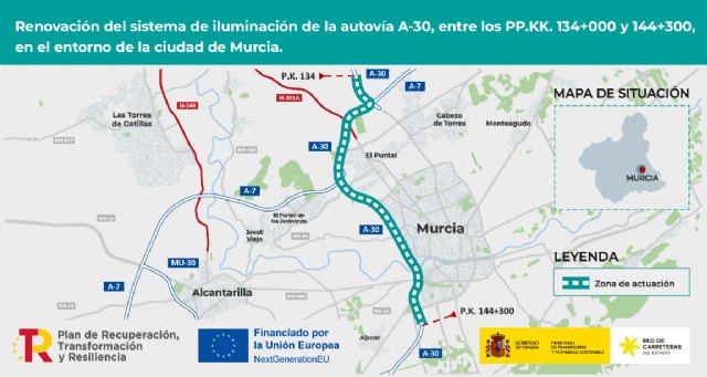 Transportes adjudica por 2,4 millones de euros la renovación del alumbrado en la A-30 en el entorno de la ciudad de Murcia