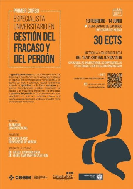 La Universidad de Murcia organiza un curso sobre la gestión del fracaso y del perdón