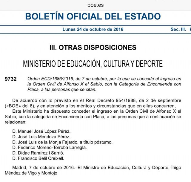 José Luis Mendoza ingresa en la Orden Civil Alfonso X El Sabio