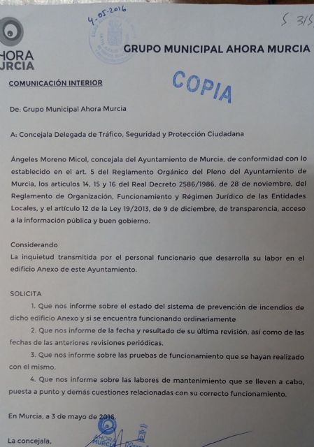 Ahora Murcia advirtió hace 2 años al equipo de Ballesta sobre las deficiencias en el sistema antiincendios del edificio Moneo