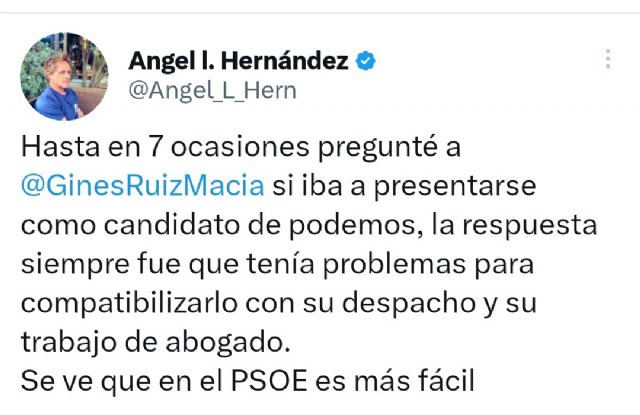 Ángel Luis Hernández: 'El salto de Ginés Ruiz al PSOE se estaba preparando desde hace tiempo'