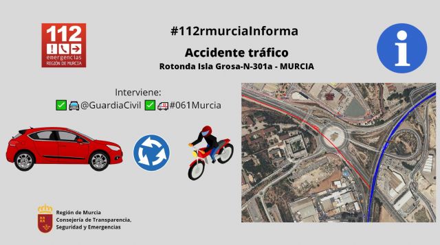Motorista herido tras accidente de tráfico ocurrido en la rotonda de La Isla Grosa en Murcia