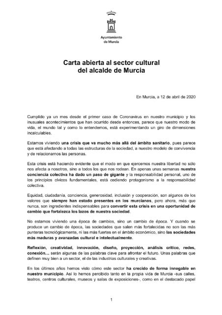 El alcalde de Murcia declara la cultura como actividad esencial en una carta abierta dirigida al sector